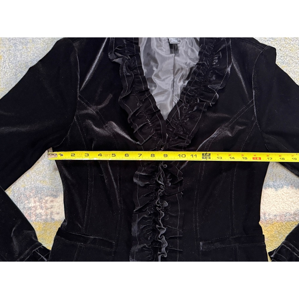 INC Black Velvet Goth Romantic Ruffle Blazer M Jacket Equestrian Riding Fairy - Picture 14 of 16